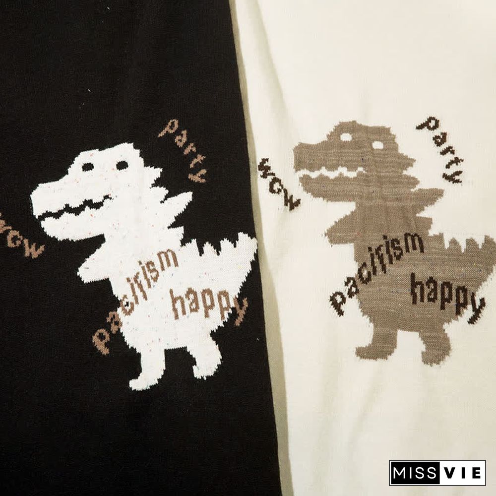 Cartoon Dinosaur Letter Print Colorblock Knit Sweater