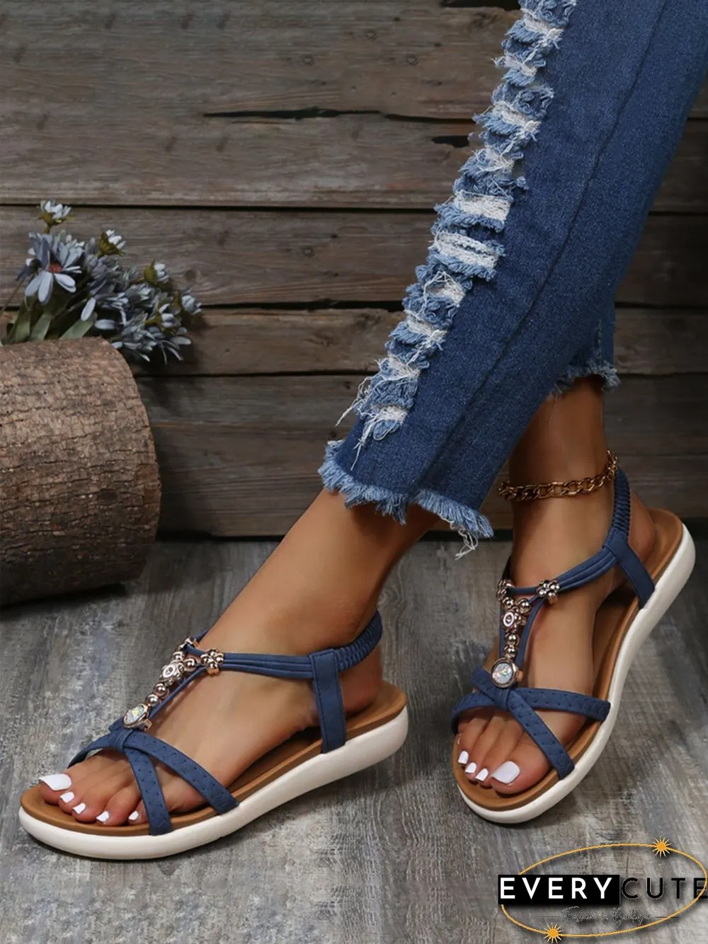 Moonstone Beaded Thin Strap Cross Boho Casual Sandals