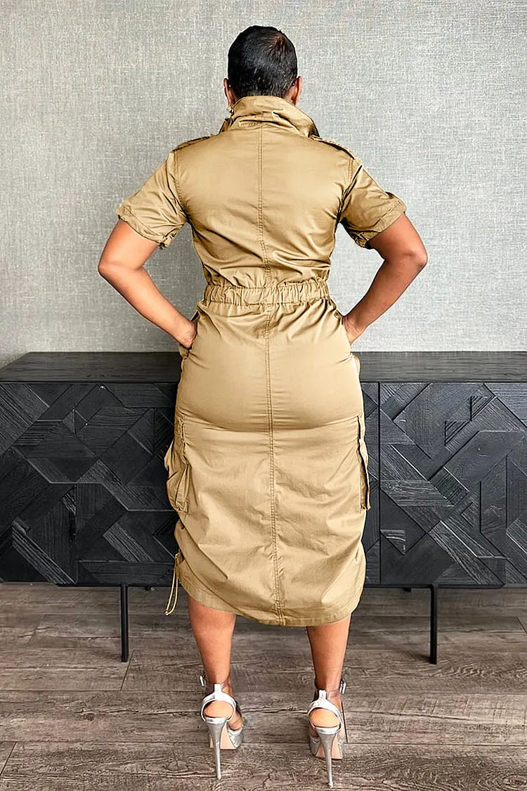 Stand Collar Zipper Drawstring Waist Pocket Midi Dresses-Green Stand Collar Zipper Drawstring Waist Pocket Midi Dresses-Green