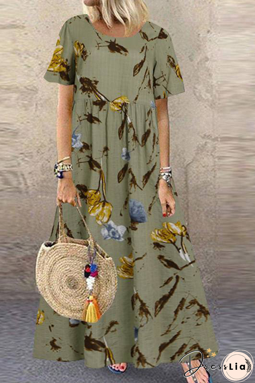 Casual Print Patchwork O Neck Cake Skirt Dresses