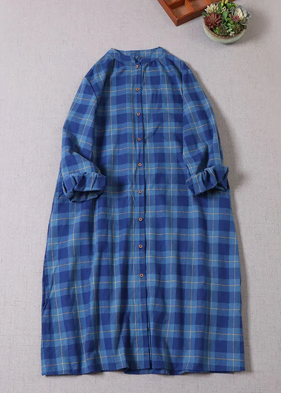 Art Navy Plaid Button Cotton Dress Long Sleeve