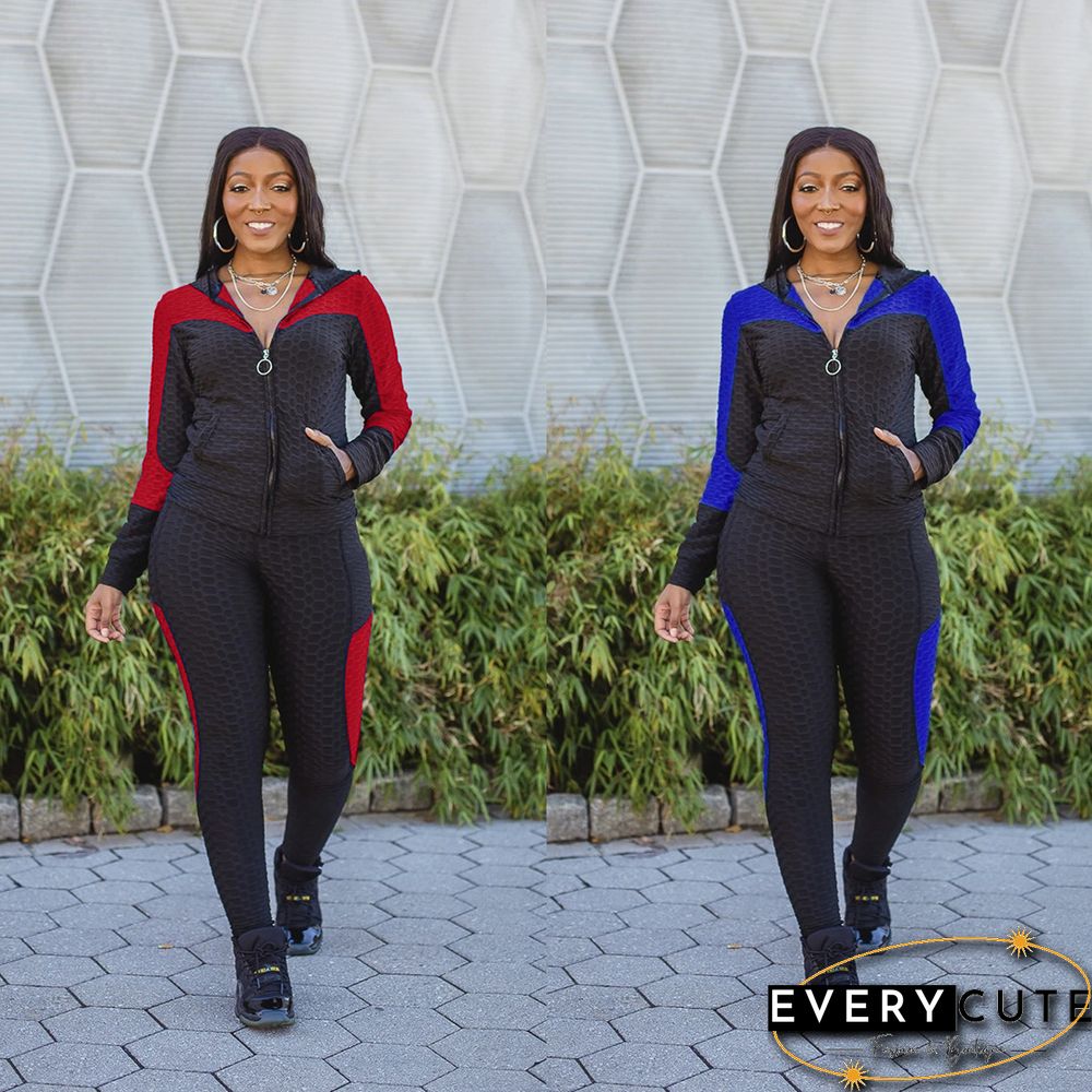 Women Colorblock Zipper Hooded Coat Top Pants Sweat Suits