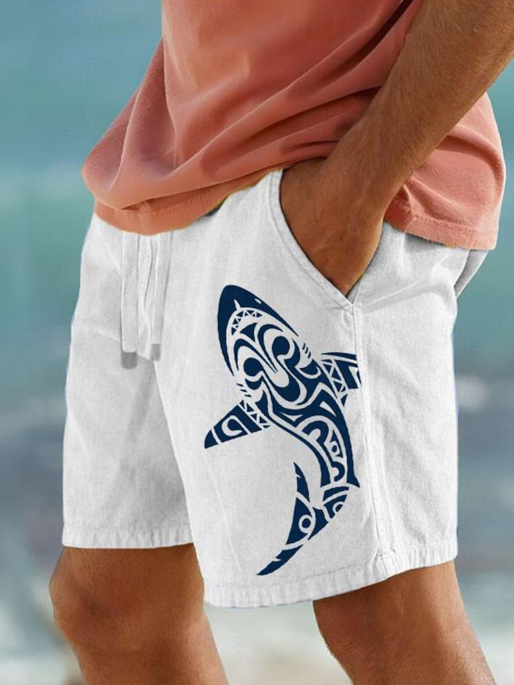 Whale Print Linen Blend Casual Shorts  artssus