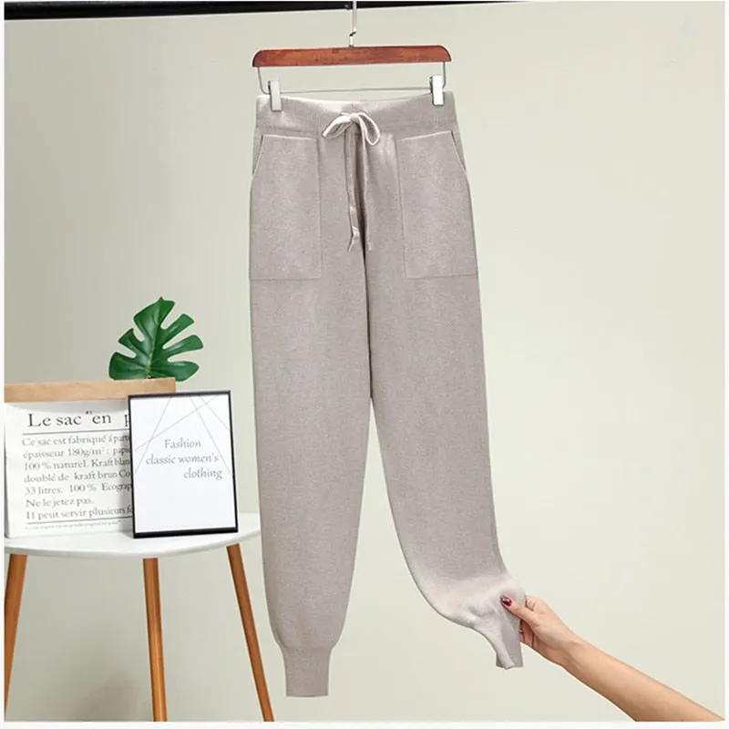 Women Elastic Waist Drawstring Trousers Thick Knitted Harem Pants Autumn Winter Sport swear Women'S Pants New Bottoms