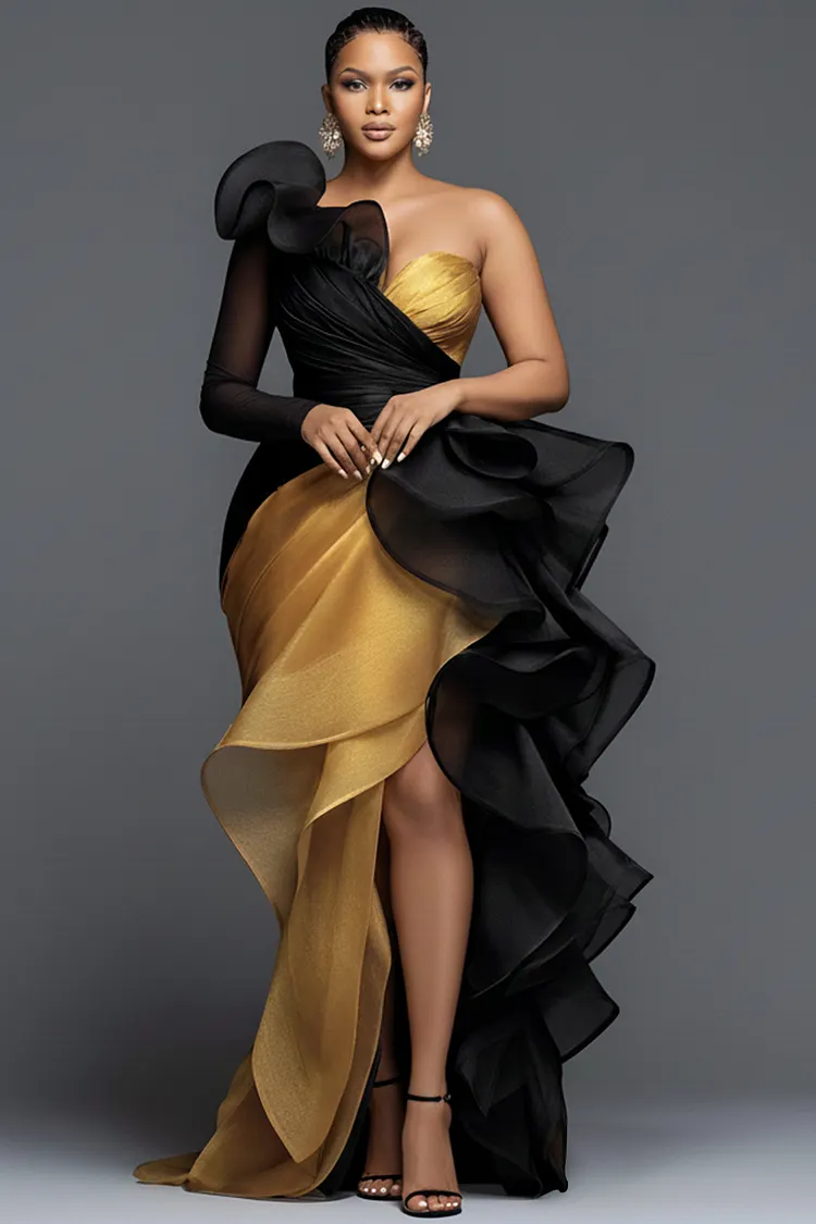Xpluswear Design Plus Size Formal Gold Oblique Collar One Shoulder Long Sleeve Ruffle Elegant Asymmetric Hem Irregular Hem Maxi Dresses 2024 - Xpluswear