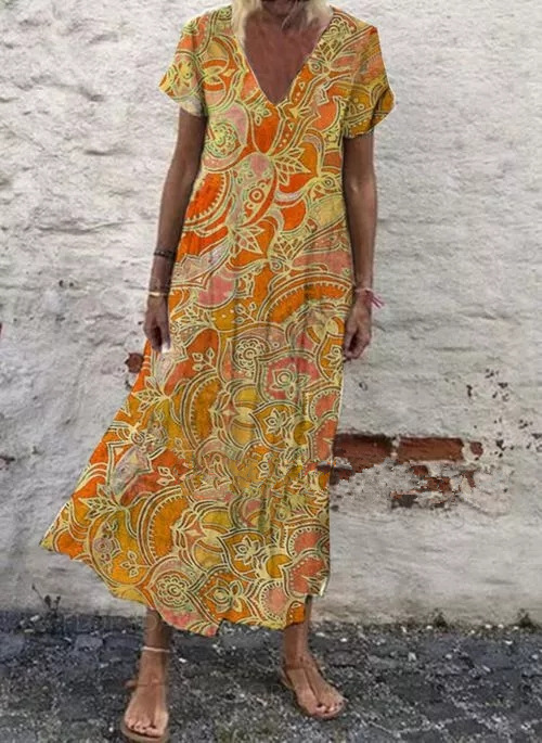 Plus Size New Spring and Summer Boho Floral V-neck Short Sleeve Long Dress