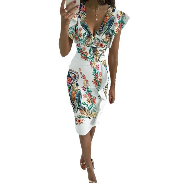 Uveng Uveng New Multi-Color Printing Dress V Collar Lotus Edges Sexy High-Waisted Dress