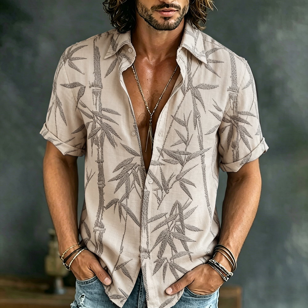 Comstylish Vintage Japanese Bamboos Art Pattern Button Shirt