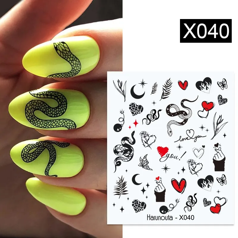 Harunouta Water Decals Ink Blooming Flower Leaves Transfer Nail Stickers Butterfly Love Heart Design Slider Watermark Decoration-Nail Inspo
