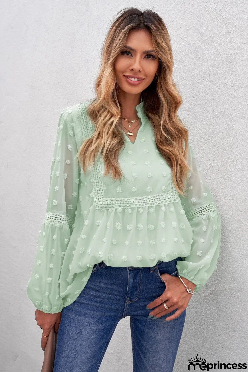 Chic Green Ruffled Split Neck Lace Hollow Out Long Sleeve Polka Dot Blouse