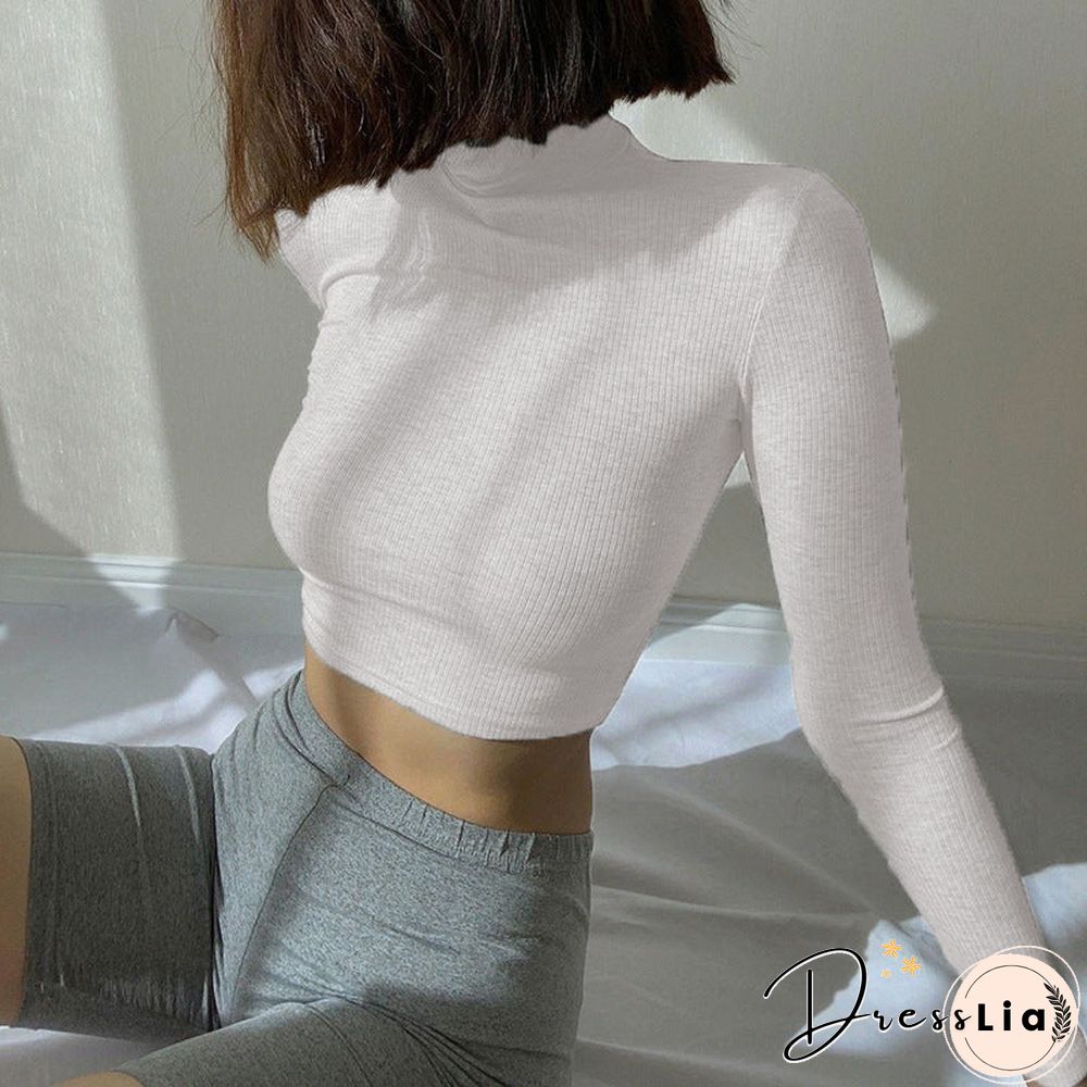 Casual Solid O-Neck Long Sleeve Crop Top Women Side Drawstring Ruched White T-Shirt Female Tee Shirt Top For Women Clothing