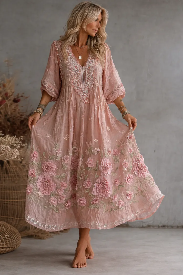 Pink 3D Embroidered Lace V-Neck Long Dress