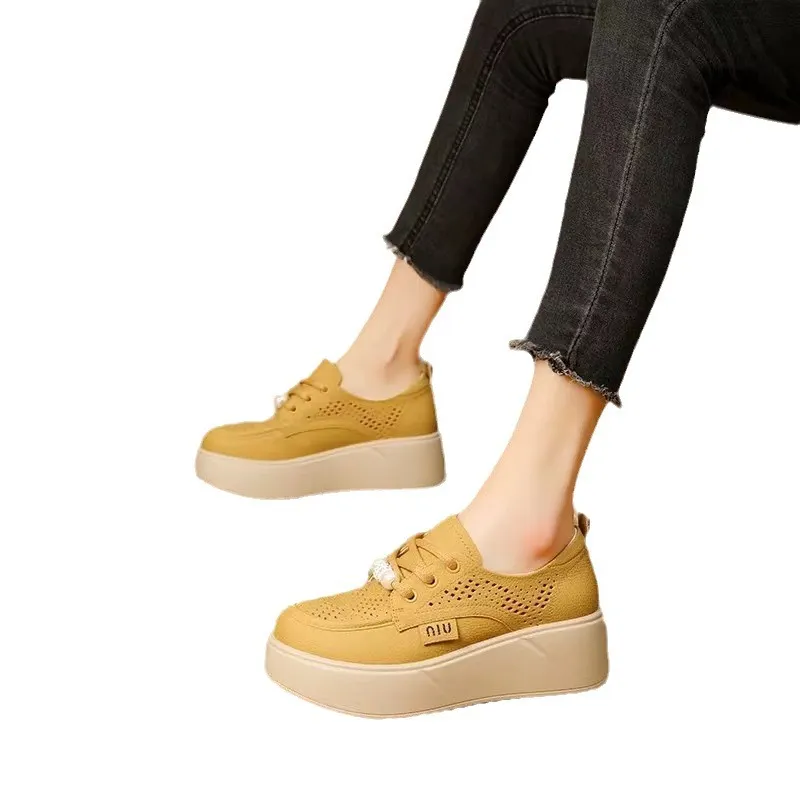 Churchf Spring And Summer New Korean Version Fashion Round Head Deep Mouth Thick Front Lace Hole Casual Single Shoes Women