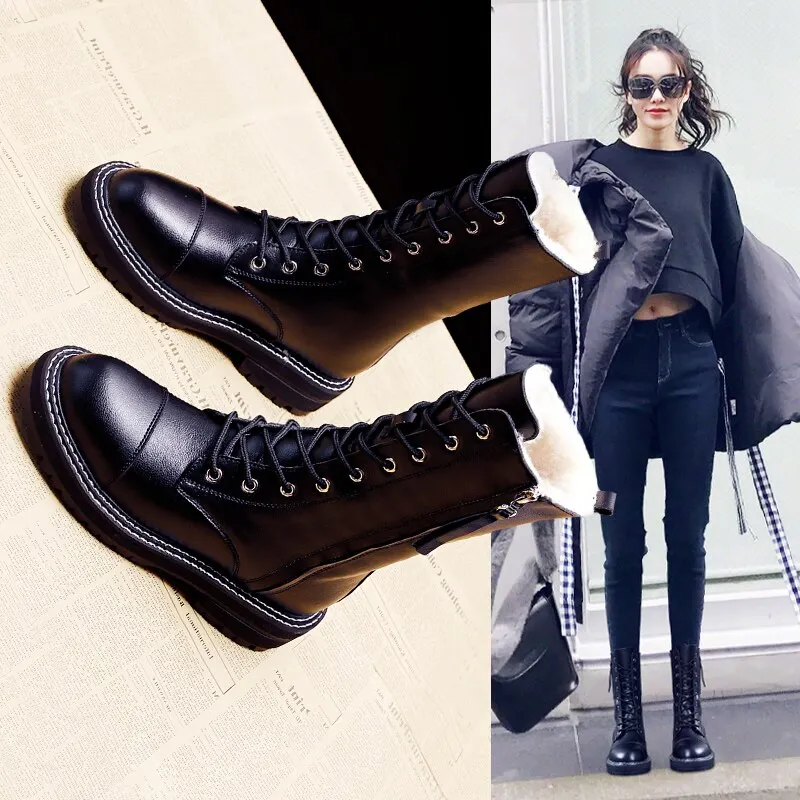 Qengg 2020 NEW Fashion Women's Short Boots GIRLS Snow Boots PU Leather Side Zip Non-slip Warm Shoes Plush Inner Lace-upBlack