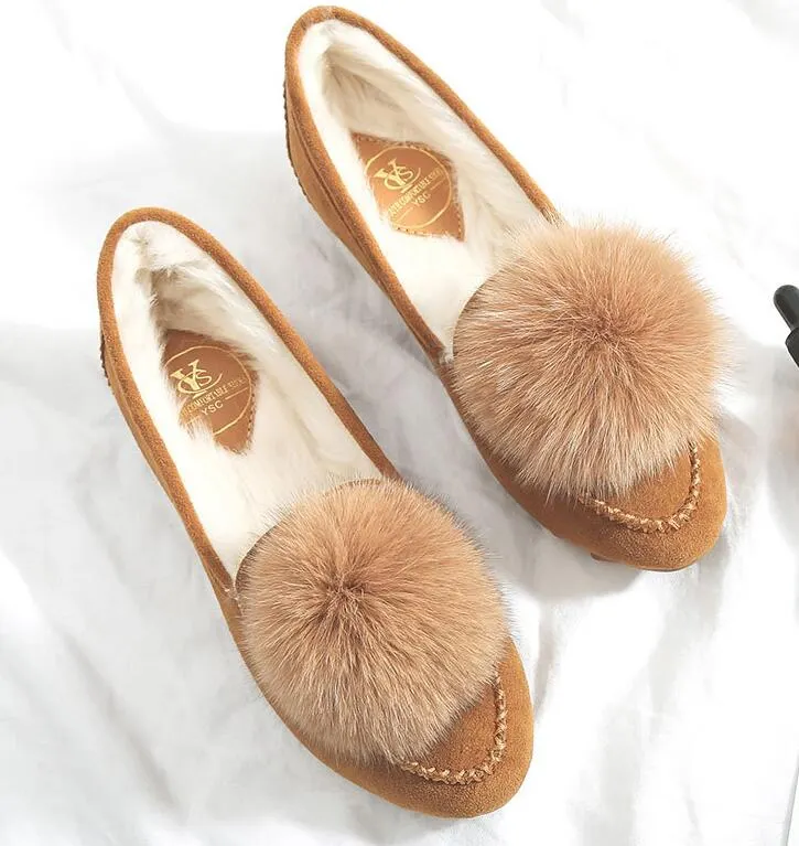 Cute pompom winter fur flat loafers women 9.5/10 espadrilles 2019 new arrival ballet flats slip on creepers comfort moccasins