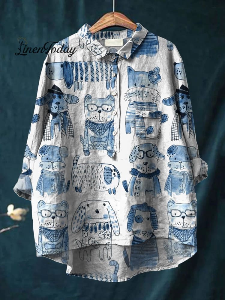 Women&rsquo;s Dog Print Casual Cotton And Linen Shirt Multicolor / S