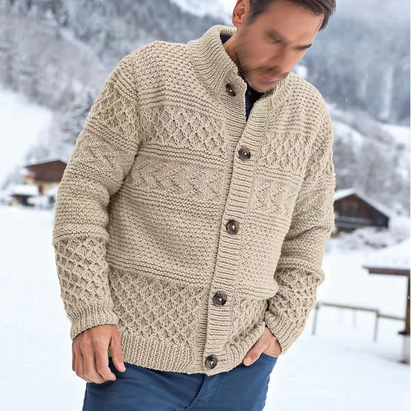 Man's Vintage Jacquard Weave Button Casual Cozy Sweater