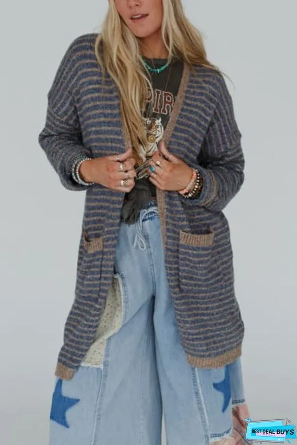 Fashion Contrast Striped Loose Long-sleeved Mid-length Knitted Cardigan
