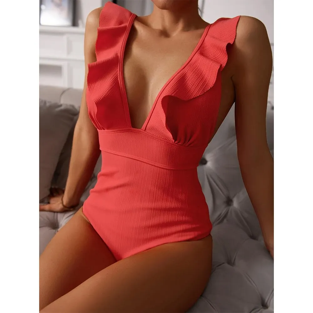 2022 New Sexy Ruffle One Piece Swimsuit Off The Shoulder Print Floral Swimwear Women Solid Deep-V Bathing Suits Summer Beachwear