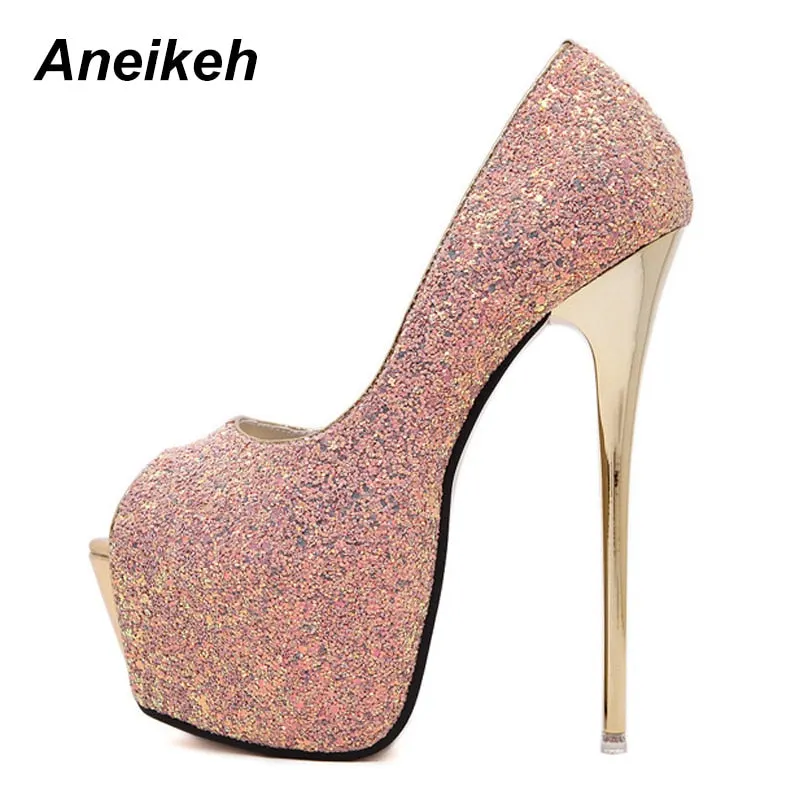 Aneikeh New Women Pumps Bling Sexy 16 CM Ultra High High-heeled Shoes Peep Toe Pumps Party Dress Shoes Zapatos Mujer Size 34-40