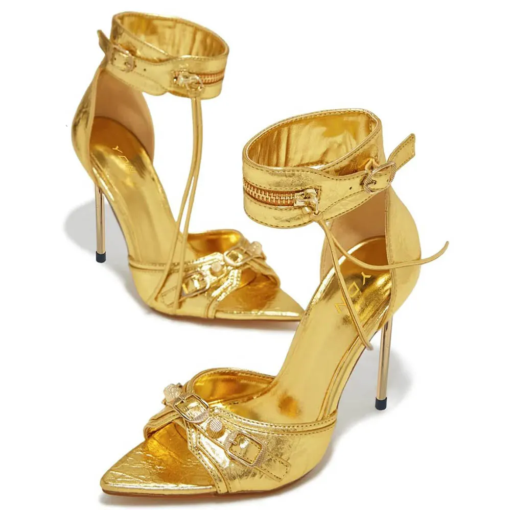 Gold Metallic Open Toe Ankle Strap High Heels Sandals with Buckle