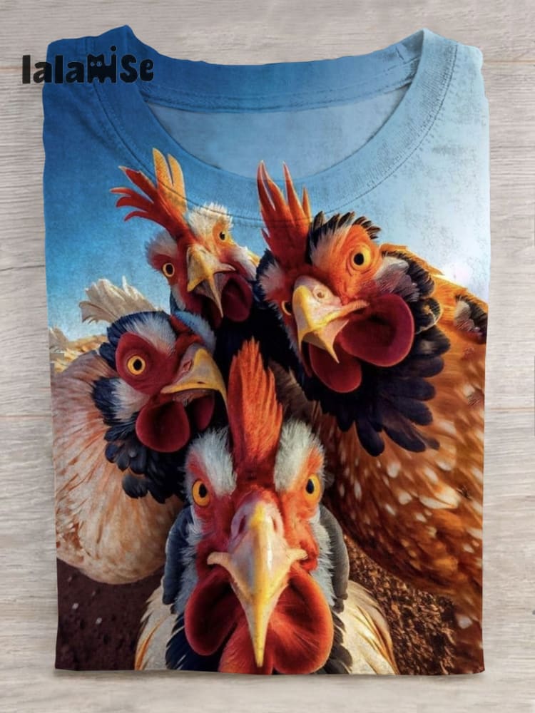 Funny Chicken Art Print Short Sleeve Casual T - Shirt Multicolor / S