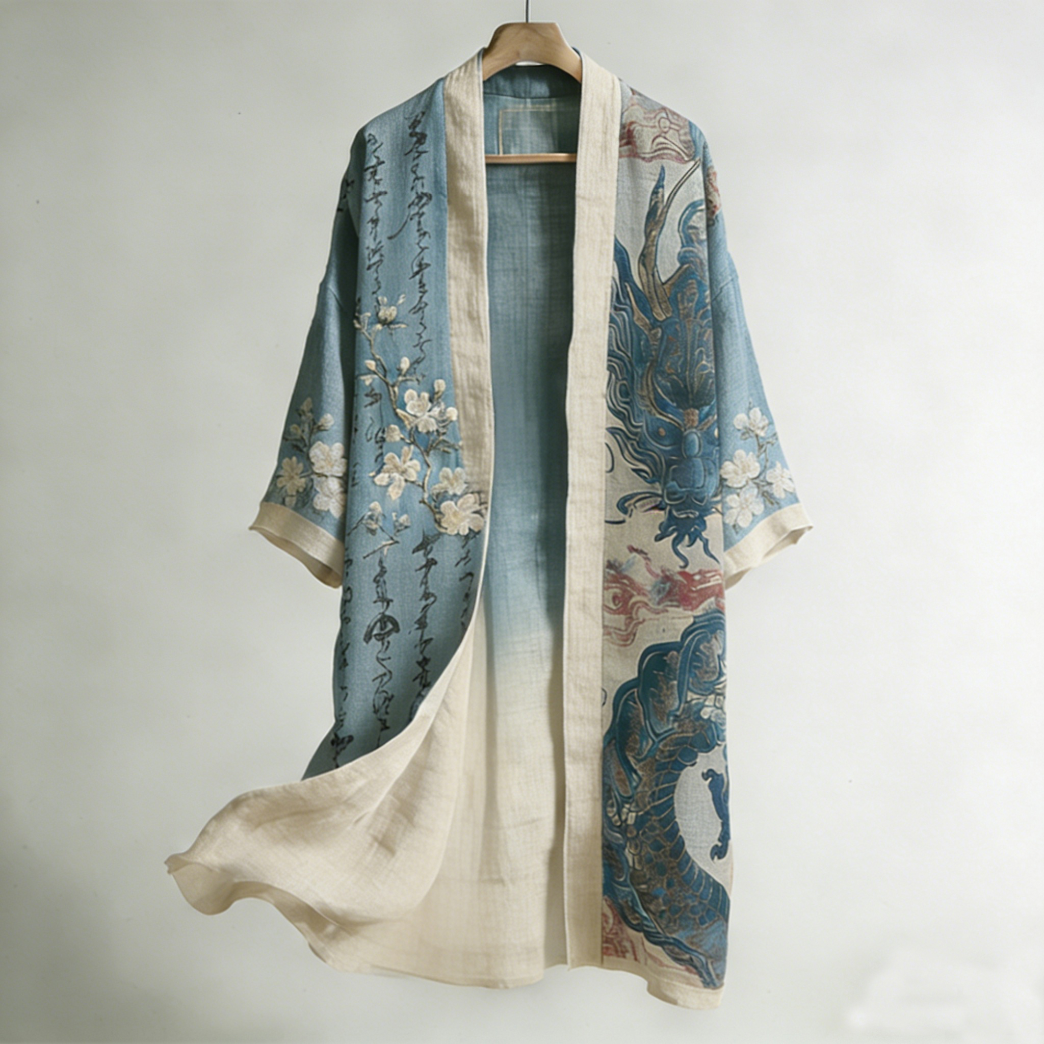 Retro Floral Calligraphy And Dragon Pattern Linen Long Kimono elevenforest