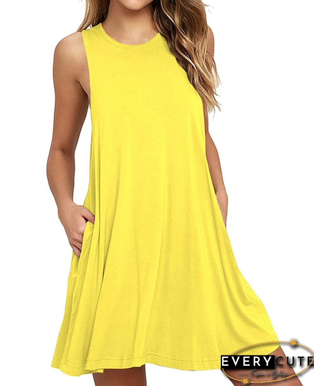 Plus Size XS-8XL Summer Women Casual Round Neck Solid Color Loose Sleeveless Beach Tank Top A-line Pocket Dress Sexy Short Club Party Mini Halter Midi Dresses Robe Ete Femme Knee Length Pleated Skirts Ladies Fashion Swing Cotton T-Shirt Dress