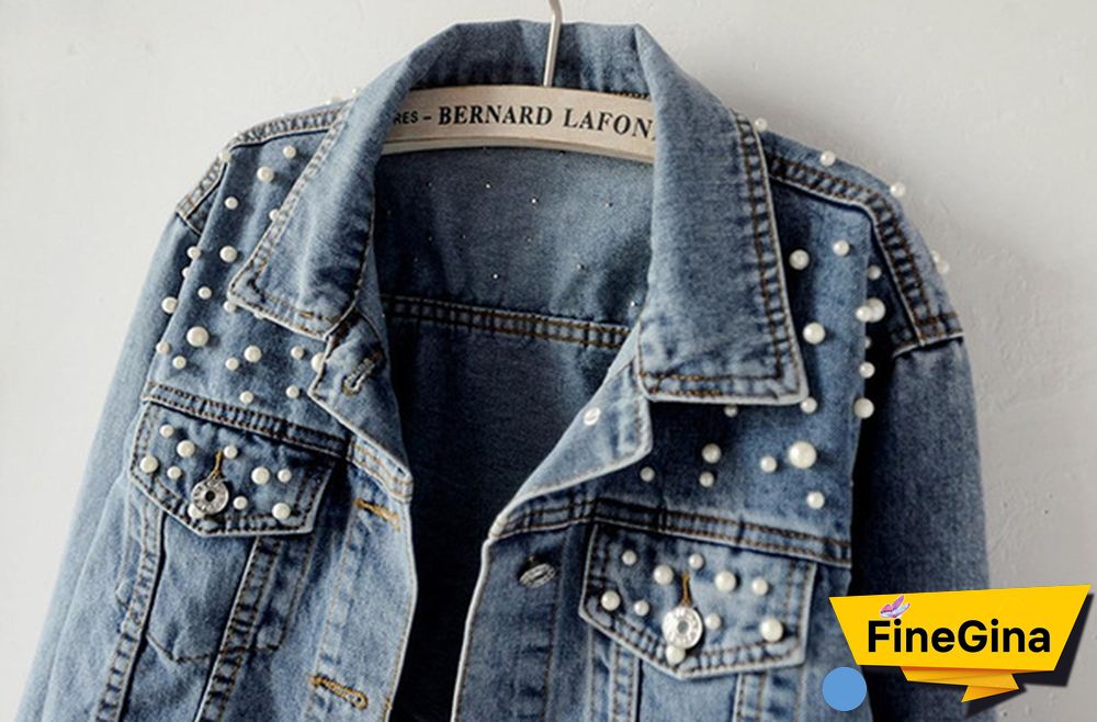 S-5XL Women Pearls Beading Denim Jacket BF Vintage Denim Jean Jacket Loose Coat Outwear