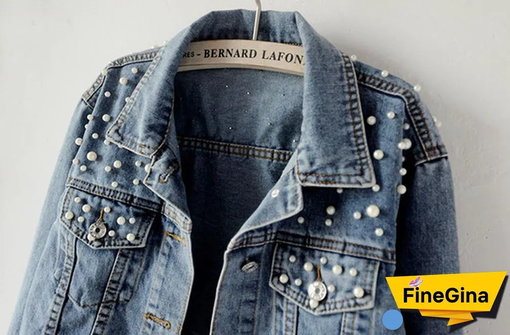 S-5XL Women Pearls Beading Denim Jacket BF Vintage Denim Jean Jacket Loose Coat Outwear