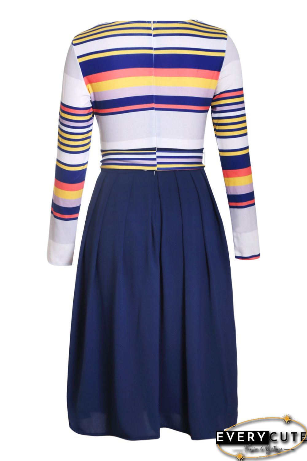 Navy Yellow Striped Poplin Sash Tie Midi Dress
