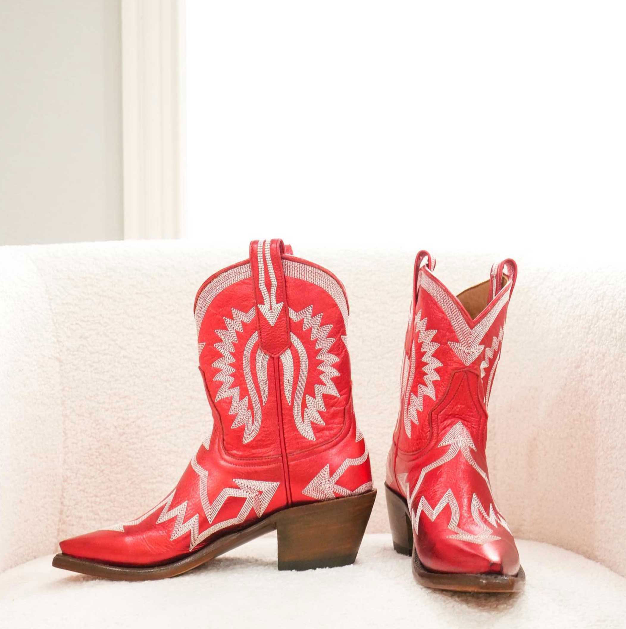 Red Metallic Snip Toe Block Heel Embroidered Western Ankle Boots