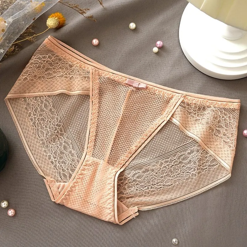 Billionm Women's Sexy Lace Panties Ladies Plus Size Mid-waist Ice Silk Cotton Panties Girly Seamless Transparent Panties Briefs