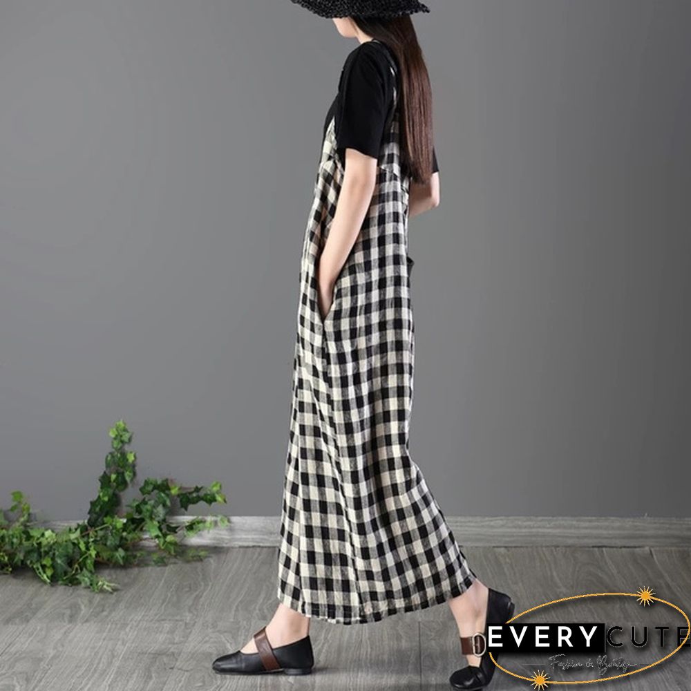 Women Loose Bib Pants Ladies Checked Suspenders Baggy Overalls Sleeveless Jumpsuit