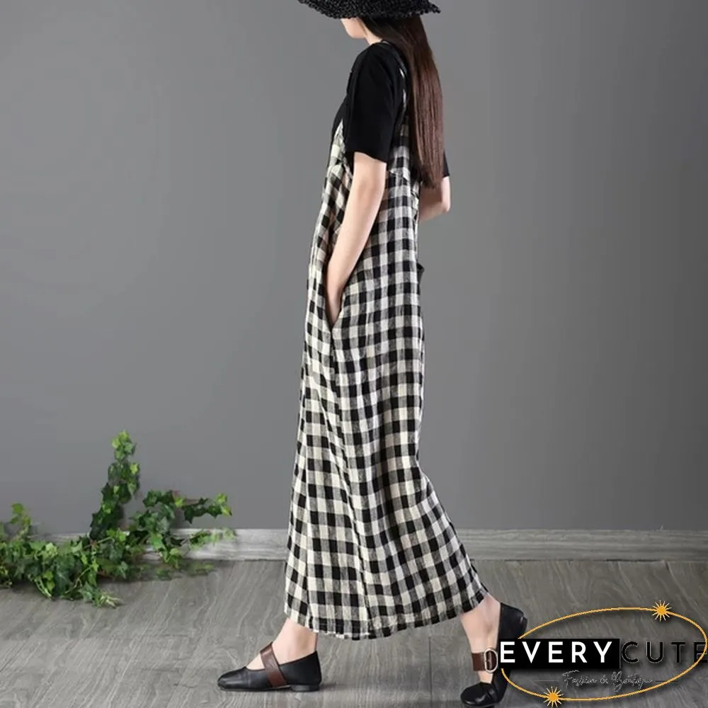 Women Loose Bib Pants Ladies Checked Suspenders Baggy Overalls Sleeveless Jumpsuit