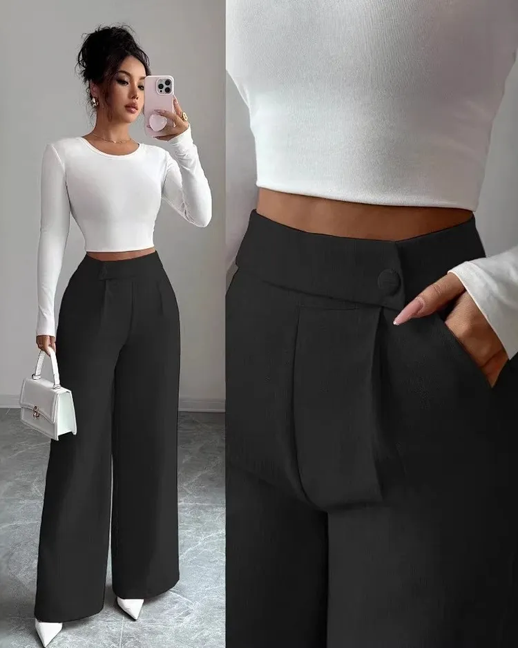 Relaxed Fit Straight Leg Pants with Pockets for Women