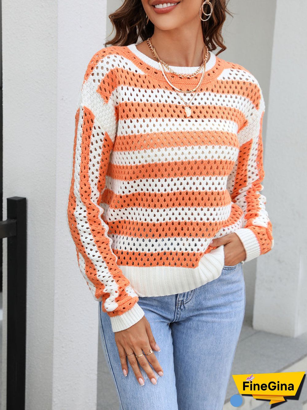 Women's Striped Stitching Solid Color Long Sleeve Scoop Neck Top