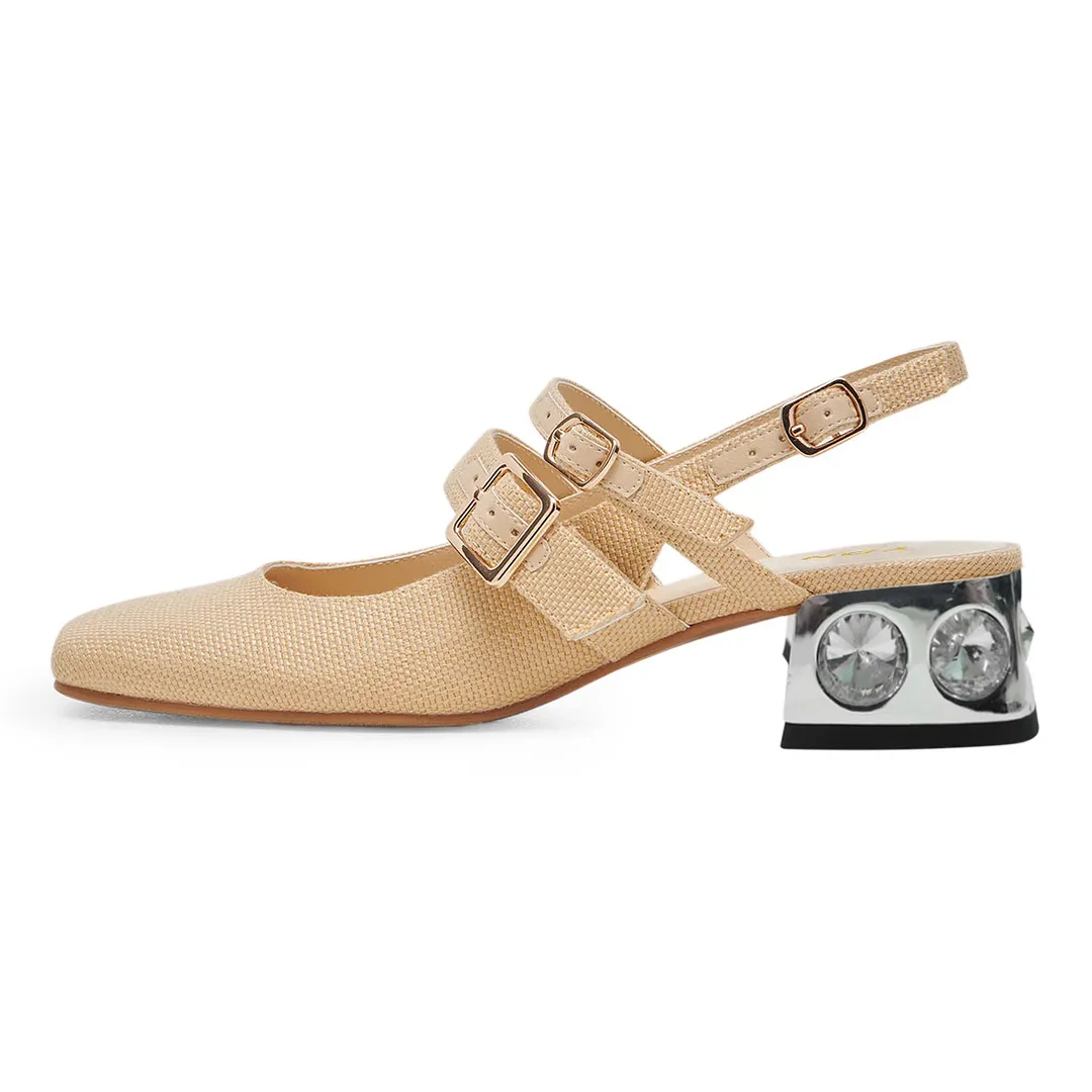 Vegan Leather Square Toe Woven Slingback Decorative Heel Nude Loafers