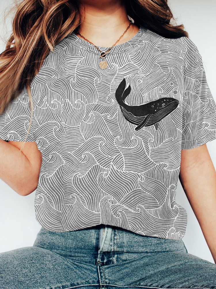 Whale & Waves Lino Art Vintage Comfy T Shirt