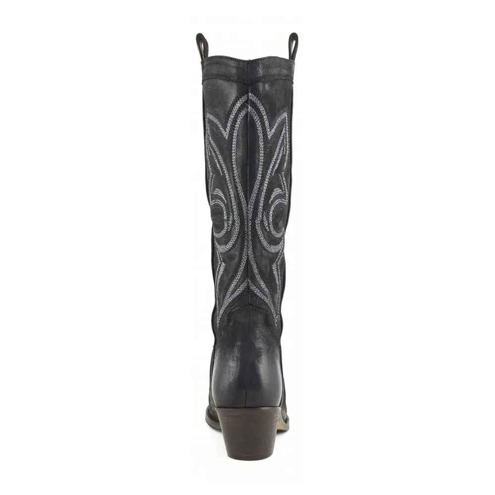 Retro Snip Toe Embroidered Pull On Mid Calf Black Cowgirl Boots