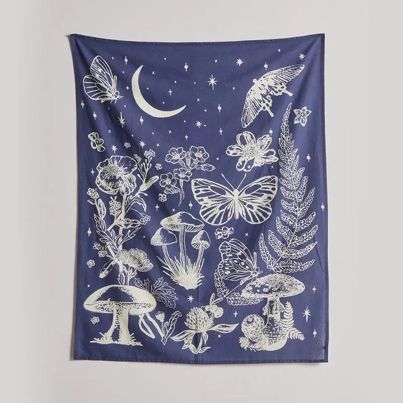 Mushroom Butterfly Tapestry Wall Hanging Butterfly Floral Vintage Wall Tapestry Witchcraft Hippie Butterfuly Wall Carpet Decor