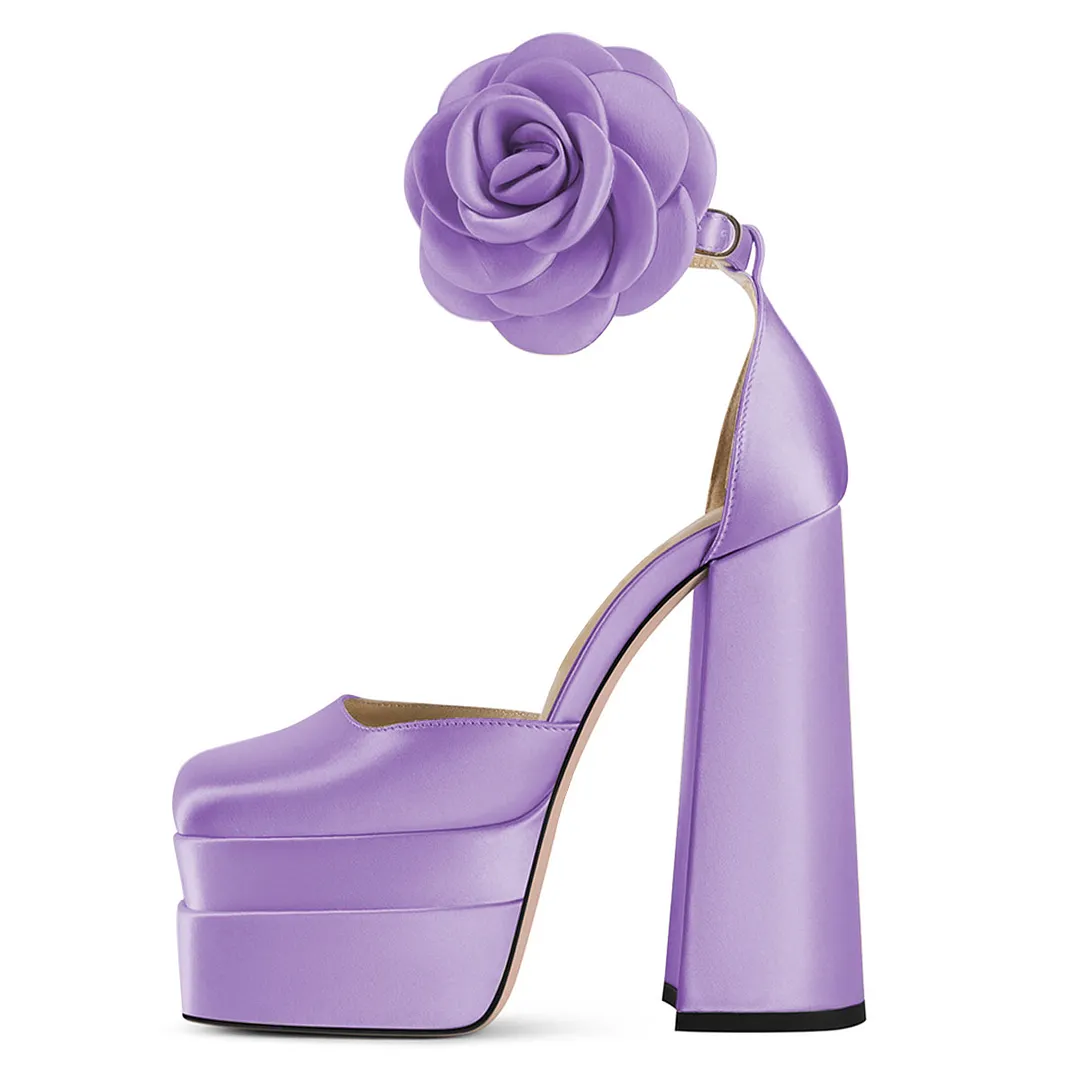 Purple Satin Square Toe Flower Ankle Strap Platform High Heels