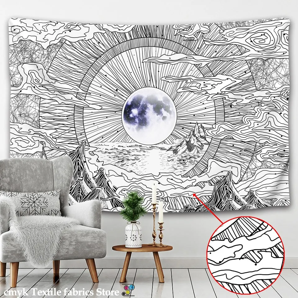 White Black Sun Moon Mandala Tapestry Wall Hanging Celestial Hippie Carpets Dorm Decor Psychedelic Witchcraft Halloween