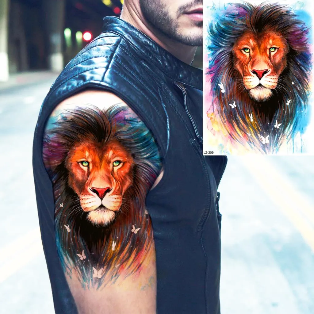 Large Lion Temporary Tattoos For Men Adults Realistic Totem Watercolor Tiger Fake Tattoo Sticker Chest Body Tatoos Waterproof