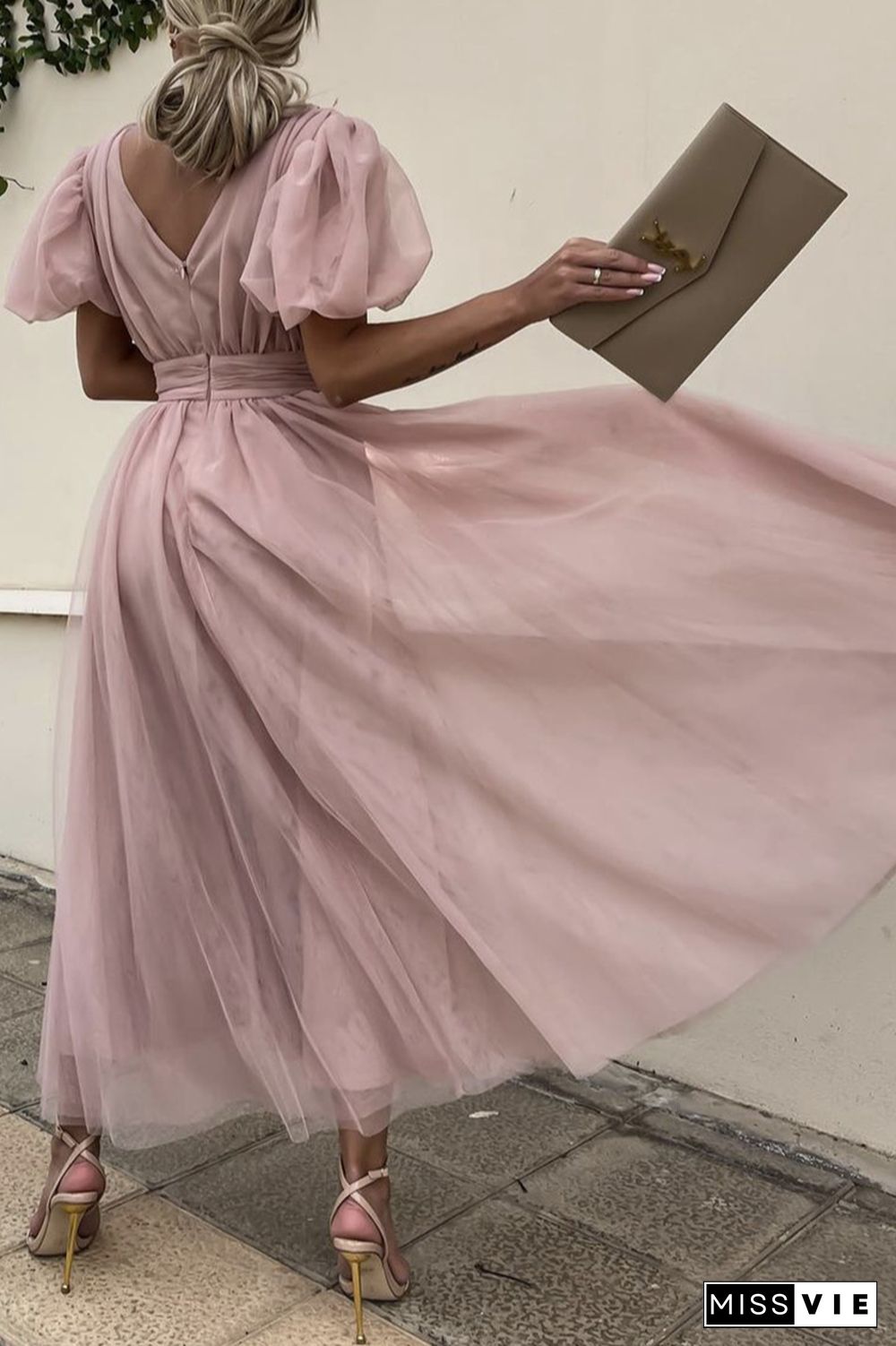 Dot V Neck Button Empire Waist Mesh Maxi Dress