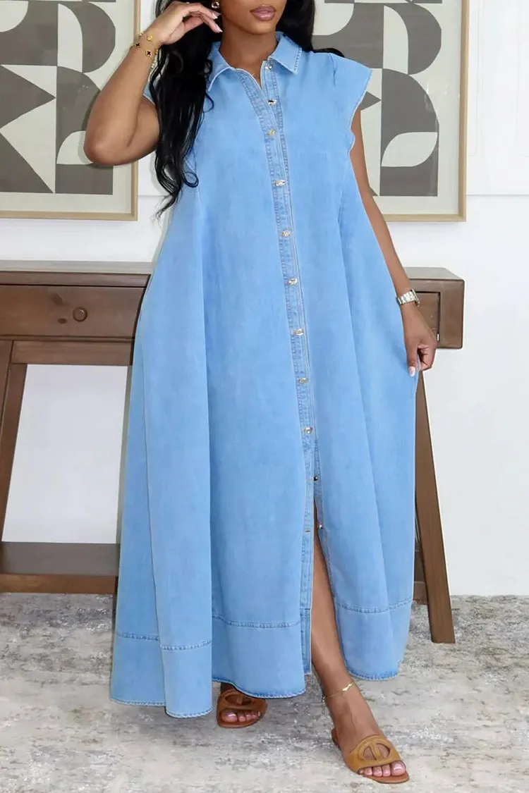Plus Size Daily Blue Shirt Collar Short Sleeve Pocket Button Denim Maxi Dresses 2024 - Xpluswear