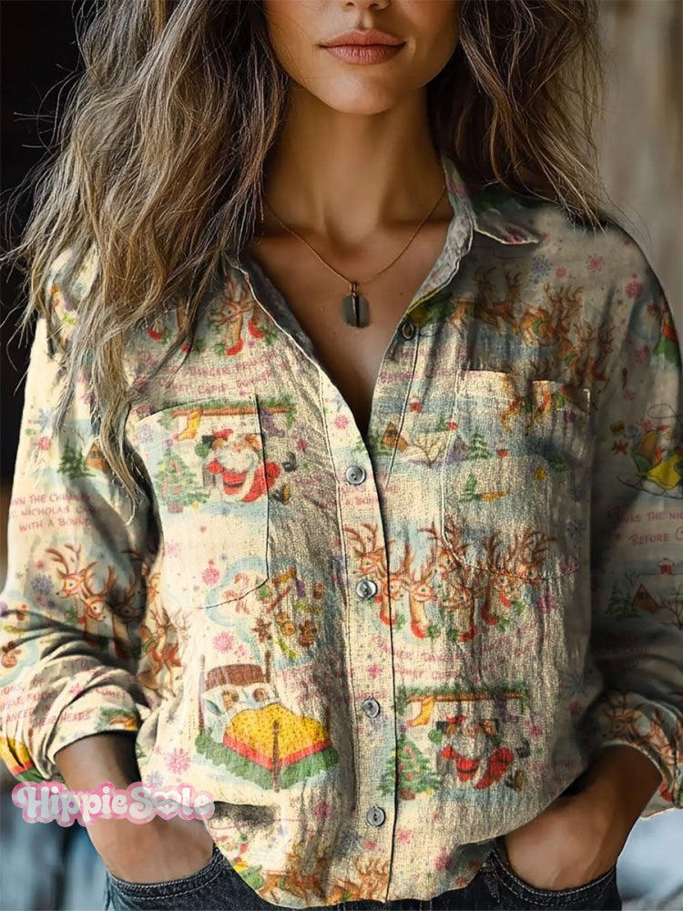 Women&rsquo;s Vintage Lovely Christmas Art Print Casual Long Sleeve Comfortable Cotton Shirt Multicolor
