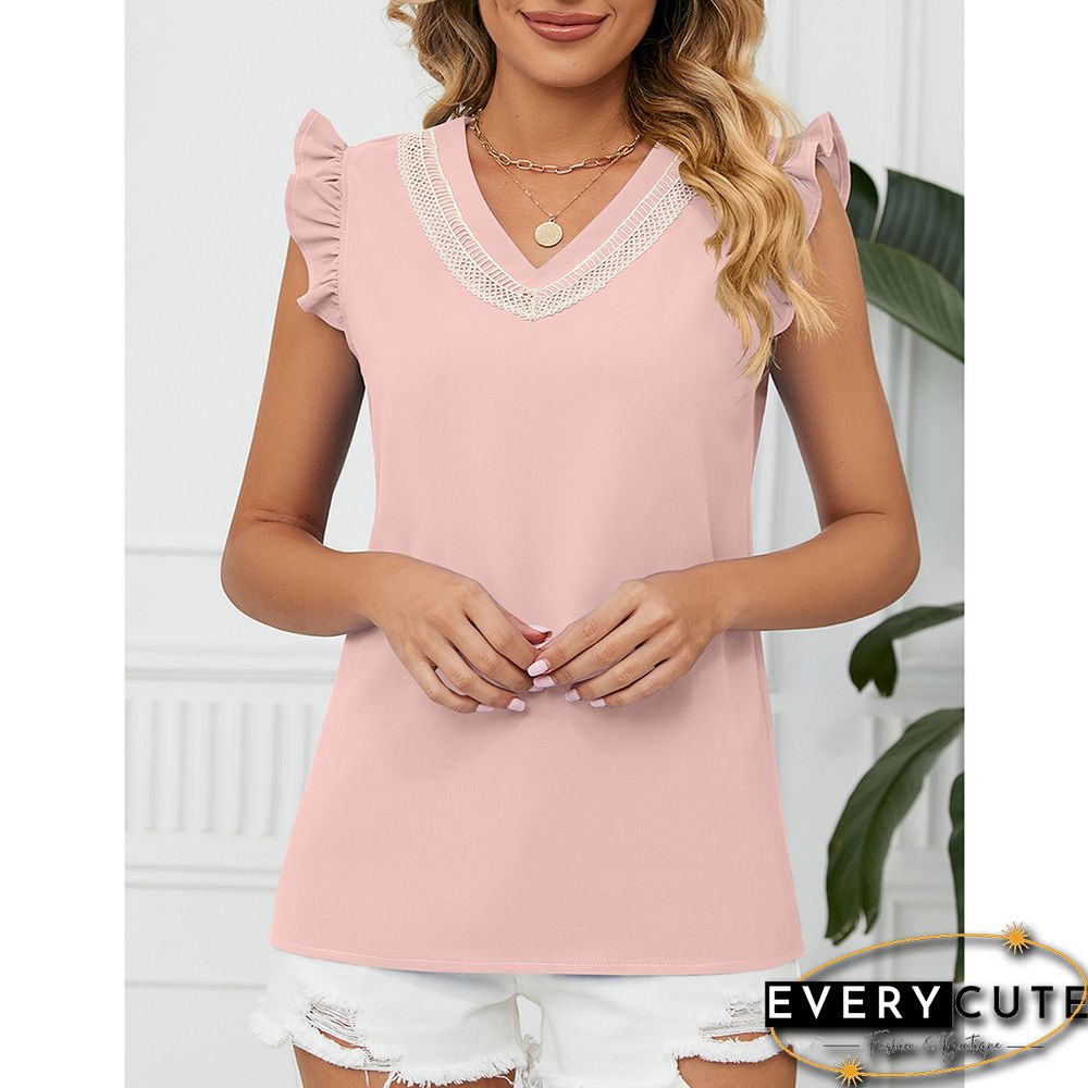 Pink Lace Trim Contrast Ruffle Short Sleeve Tops