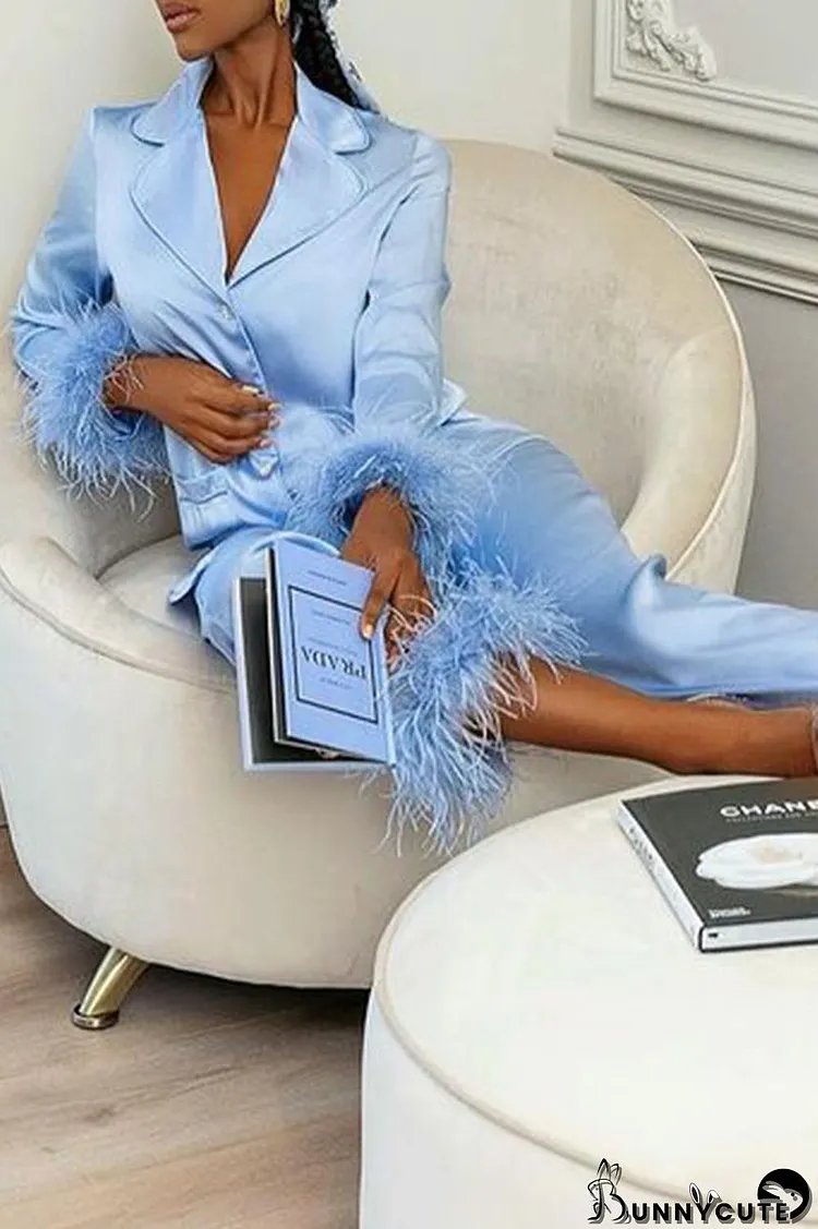 Sky Blue Casual Print Patchwork Buckle Feathers Turn-back Collar Long Sleeve Two Pieces