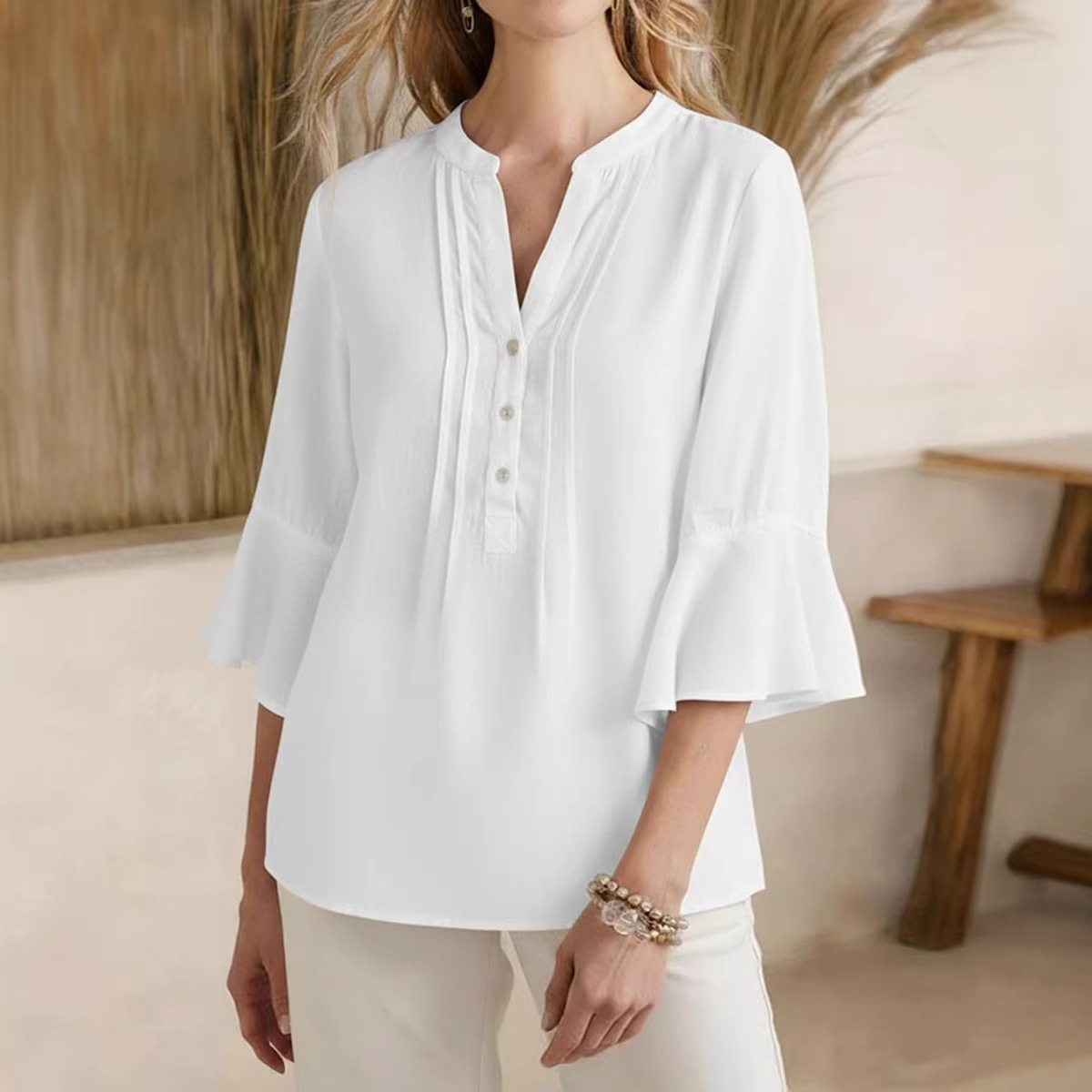 Women's Solid Color V Neck Short Sleeve Linen Blend Shirt elevenforest